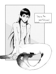 Rule 34 | 1boy, collarbone, commentary request, danganronpa: trigger happy havoc, danganronpa (series), english text, fins, greyscale, highres, invisible chair, ishimaru kiyotaka, long hair, looking at viewer, merman, monochrome, monster boy, navel, nearzan, sitting, solo, spiked hair