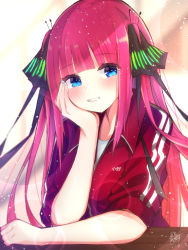 Rule 34 | 1girl, black ribbon, blue eyes, blunt bangs, blush, breasts, butterfly hair ornament, clip studio paint (medium), go-toubun no hanayome, hair ornament, hand on own cheek, hand on own face, head tilt, highres, hime cut, jacket, light rays, long hair, looking at viewer, multicolored nails, nail polish, nakano nino, open mouth, pink hair, red track suit, ribbon, simple background, sleeves rolled up, sparkling eyes, table, taiyaking, track jacket, twintails