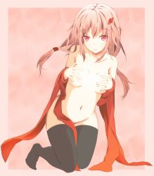 Rule 34 | 10s, 1girl, black thighhighs, breasts, covering privates, covering breasts, guilty crown, hair ornament, hairpin, kneeling, miyako tart, naked ribbon, navel, pink eyes, pink hair, ribbon, smile, solo, thighhighs, twintails, yuzuriha inori