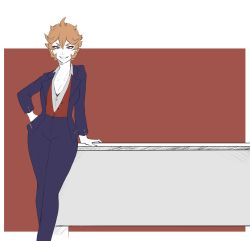 Rule 34 | 1girl, artist request, black clover, blue eyes, breasts, business casual, business suit, button shirt, cleavage, eye markings, formal, hand on own hip, highres, large breasts, leaning on table, leaning to the side, looking at viewer, mereoleona vermillion, multicolored background, orange hair, red shirt, shirt, short hair, simple background, smile, suit, table, thick thighs, thighs, trousers, wide hips