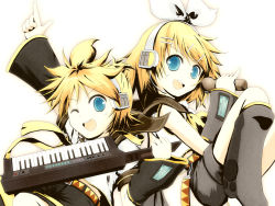 Rule 34 | 1boy, 1girl, aqua eyes, arm warmers, blonde hair, bow, brother and sister, hair bow, headset, instrument, kagamine len, kagamine rin, keyboard (instrument), knees, leg warmers, microphone, necktie, one eye closed, open mouth, pointing, school uniform, short hair, shorts, siblings, twins, vocaloid, wink