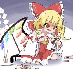 Rule 34 | 1girl, ascot, blonde hair, bow, character doll, cosplay, crystal wings, flandre scarlet, full body, hair bow, hakurei reimu, hakurei reimu (cosplay), highres, nontraditional miko, open mouth, purabird0370, red bow, red eyes, short hair, side ponytail, sitting, solo, sweat, touhou, wariza, yellow ascot