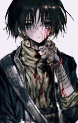 Rule 34 | 1boy, absurdres, bandaged hand, bandages, baroque (series), black coat, black hair, bleeding, blood, blood on face, closed mouth, coat, grey eyes, hand up, highres, looking at viewer, male focus, protagonist (baroque), short hair, simple background, solo, sweater, torichikushou, turtleneck, upper body, white background, yellow sweater