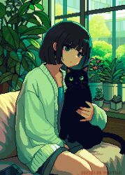 Rule 34 | 1girl, animal, artist name, black cat, black hair, blue shirt, blunt bangs, blunt ends, bob cut, bush, cardigan, cat, cellphone, closed mouth, couch, dated, dot mouth, expressionless, feet out of frame, foliage, green cardigan, green eyes, green shorts, holding, holding animal, holding cat, indoors, long sleeves, looking afar, looking ahead, nanami yuki (yuki77mi), on couch, original, phone, pixel art, plant, potted plant, shirt, short hair, shorts, sitting, smartphone, solo, tree, window