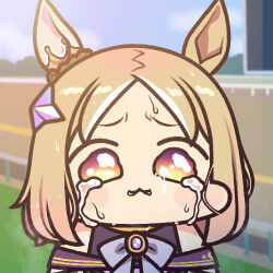 Rule 34 | 1girl, animal ears, blonde hair, bow, bowtie, commentary, crying, ear ornament, gradient eyes, horse ears, horse girl, horse racing track, jazz jack, looking at viewer, lowres, multicolored eyes, narita top road (umamusume), off shoulder, orange eyes, outdoors, parted bangs, purple bow, purple bowtie, purple eyes, scene reference, short hair, solo, streaming tears, tears, umamusume, umamusume: road to the top, upper body