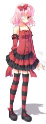 Rule 34 | 1girl, borrowed character, bow, casual, cigarette, collarbone, detached sleeves, eyepatch, garter straps, hair bow, hair ornament, hairband, holding, looking at viewer, nakada rumi, original, pink hair, red eyes, shoes, solo, standing, striped clothes, striped thighhighs, thighhighs