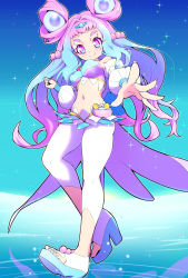 Rule 34 | 1girl, blue background, blue eyes, blue footwear, blue hair, breasts, closed mouth, cure la mer, detached sleeves, double bun, eyelashes, fingernails, from below, full body, hair bun, hair intakes, hair ornament, heart, heart in eye, highres, laura (precure), layered skirt, leggings, looking at viewer, magical girl, medium breasts, midriff, multicolored eyes, multicolored hair, nail polish, navel, pantyhose, pouch, precure, purple eyes, purple hair, ryuuta (cure ryuuta), shiny skin, shoes, skirt, smile, solo, sparkle, standing, symbol in eye, thick eyebrows, toenails, tropical-rouge! precure, two-tone hair, white leggings, white pantyhose, white sleeves