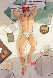 Rule 34 | 1boy, abs, absurdres, bandaged hand, bandages, bara, bed, book, closed mouth, food, highres, katto8452, large pectorals, league of legends, lying, male focus, male underwear, muscular, muscular male, navel, nipples, on back, on bed, open book, patreon username, pectorals, red hair, scar, scar on face, scar on nose, sett (league of legends), short hair, solo, thick thighs, thighs, tray, underwear, white male underwear