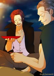 Rule 34 | 2boys, artist name, benn beckman, closed eyes, curry gohan, drink, earrings, jacket, jacket on shoulders, jewelry, male focus, mouth hold, multiple boys, night, one piece, open mouth, red hair, saucer, scar, shanks (one piece), sitting, smile
