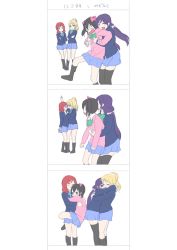 Rule 34 | 10s, 4girls, :d, ^ ^, angry, arm up, ayase eli, black hair, black legwear, blazer, blonde hair, blue eyes, blue skirt, blush, bow, bowtie, cardigan, closed eyes, comic, crossed arms, embarrassed, eye contact, female focus, flat color, grabbing, grabbing from behind, green bow, green bowtie, hair bow, hair ornament, hair scrunchie, hug, jacket, jealous, jitome, leg up, long hair, looking at another, looking down, love live!, love live! school idol project, low twintails, multiple girls, nishikino maki, open mouth, pink bow, ponytail, purple eyes, purple hair, red eyes, red hair, school uniform, scrunchie, short hair, short twintails, silent comic, simple background, sisi0not, sketch, skirt, smile, standing, standing on one leg, thighhighs, tojo nozomi, translated, twintails, uniform, white background, yazawa nico, yuri, zettai ryouiki