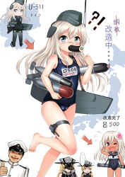 Rule 34 | !?, &gt; o, ..., 10s, 1boy, 3girls, = =, admiral (kancolle), arm behind head, arrow (symbol), bare legs, bismarck (kancolle), blonde hair, blood, blue eyes, blush, cameltoe, collarbone, covered navel, crop top, drooling, dual persona, evolution, facepalm, flying sweatdrops, food, food in mouth, garrison cap, germany, hat, highres, holding, ishikei (style), japan, kantai collection, leg up, long hair, makizushi, military, military uniform, multiple girls, name tag, nosebleed, one-piece swimsuit, one eye closed, open mouth, pantyhose, peaked cap, prinz eugen (kancolle), ro-500 (kancolle), school swimsuit, school uniform, serafuku, spoken ellipsis, standing, standing on one leg, sushi, sweatdrop, swimsuit, tan, tears, thigh strap, thumbs up, torpedo, turret, twintails, u-511 (kancolle), uniform, y.ssanoha