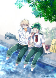 Rule 34 | &gt; &lt;, 2boys, backpack, bag, bakugou katsuki, barefoot, blonde hair, boku no hero academia, collared shirt, feet, food, food on face, freckles, green hair, green pants, highres, holding, holding food, ice cream cone, leaf, male focus, midoriya izuku, mouth hold, multiple boys, necktie, outdoors, pants, pants rolled up, popsicle, red eyes, red necktie, scar, scar on arm, school uniform, shirt, shoes, sitting, soaking feet, spiked hair, teeth hold, twintails, u.a. school uniform, ume (326310), unworn backpack, unworn bag, unworn shoes, water, white shirt