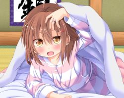 Rule 34 | 10s, 1girl, blush, brown eyes, brown hair, commentary request, fang, futon, hair between eyes, hair ornament, hairclip, hand on own head, ikazuchi (kancolle), jewelry, jpeg artifacts, kantai collection, lifting covers, looking at viewer, lying, open mouth, pajamas, ring, short hair, solo, tatami, tsunsuki (naobe009), under covers