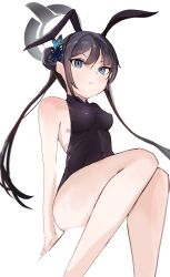 Rule 34 | 1girl, absurdres, animal ears, black hair, blue archive, blue eyes, butterfly hair ornament, closed mouth, ears, foreshortening, hair bun, hair ornament, halo, highres, kisaki (blue archive), legs, looking at viewer, looking down, noa9noaa, rabbit ears, scowl, simple background, sitting, solo, thighs, twintails, white background