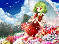 Rule 34 | 1girl, ascot, blue sky, blush, cloud, day, field, flower, flower field, green hair, hair flower, hair ornament, highres, kazami yuuka, looking to the side, miru (satumatuge), mountain, parasol, petals, plaid, plaid skirt, plaid vest, puffy sleeves, red eyes, shirt, short hair, short sleeves, skirt, skirt set, sky, smile, solo, sunflower, sunflower field, touhou, umbrella, vest