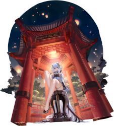 Rule 34 | 1girl, absurdly long hair, architecture, azur lane, bare shoulders, black footwear, blue eyes, breast curtains, breasts, china dress, chinese clothes, double bun, dress, east asian architecture, elbing (azur lane), elbing (beauty beneath the spring limelight) (azur lane), from below, full body, hair bun, hair ornament, hand up, heterochromia, highres, knee up, lantern, large breasts, legs, long hair, long sleeves, looking at viewer, looking down, mimoza (96mimo414), night, night sky, official alternate costume, official art, outdoors, red eyes, shoes, sitting, sky, smile, solo, thigh strap, thighs, tree, very long hair, white dress, white hair