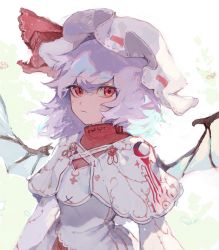 Rule 34 | 1girl, adapted costume, bat wings, capelet, commentary, dress, hat, hat ribbon, kusariuta, light purple hair, long sleeves, looking at viewer, medium hair, mob cap, red eyes, red ribbon, remilia scarlet, ribbon, solo, touhou, upper body, white background, white dress, white hat, wings
