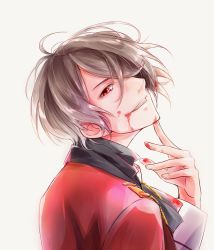 Rule 34 | 10s, 1boy, akira karin, back, blood, bow, bowtie, diabolik lovers, fang, finger to own chin, from behind, grey hair, hair over one eye, head tilt, jacket, kino (diabolik lovers), looking at viewer, male focus, red eyes, ribbon, scarf, simple background, smile, solo, uniform, upper body, vampire, white background