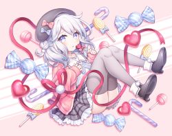 Rule 34 | 1girl, ass, black footwear, black hat, blue bow, blue eyes, bow, candy, candy cane, cardigan, food, grey thighhighs, hair bun, hat, hat bow, heart, heart-shaped lollipop, high heels, indie utaite, lollipop, long sleeves, original, parted lips, pink bow, pink ribbon, plaid, plaid skirt, ribbon, shaped lollipop, short hair, silver hair, single hair bun, skirt, sleeves past wrists, solo, suzumi shiro, thighhighs