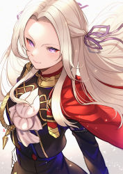 Rule 34 | 1girl, aiguillette, cape, closed mouth, edelgard von hresvelg, fire emblem, fire emblem: three houses, forehead, foreshortening, garreg mach monastery uniform, hair intakes, hair ribbon, hand on own hip, highres, long hair, looking at viewer, nakabayashi zun, nintendo, parted bangs, purple eyes, red cape, ribbon, smile, solo, upper body, white hair