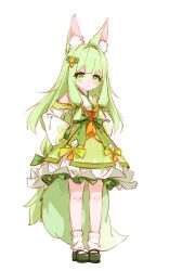 1girl absurdres animal_ear_fluff animal_ears bare_shoulders blush bobby_socks bow cat_ears child ci_wen_jian_bu_cun_zai closed_mouth detached_sleeves dress flower fox_ears fox_girl fox_tail frilled_skirt frills full_body green_bow green_dress green_eyes green_footwear green_hair green_skirt green_tail hair_bow hair_flower hair_ornament hands_on_own_hips highres long_hair long_sleeves looking_at_viewer mary_janes obi off_shoulder original ribbon ribbon_trim sash shoes sidelocks simple_background skirt sleeves_past_wrists smile socks solo standing tail white_background white_sleeves white_socks yellow_bow