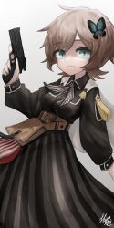 Rule 34 | 1girl, absurdres, black dress, blue eyes, brown hair, browning hi-power, butterfly hair ornament, dress, girls&#039; frontline, gun, hair ornament, handgun, highres, holding, holding gun, holding weapon, hp-35 (girls&#039; frontline), origumi, short hair, weapon