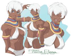 Rule 34 | armlet, arms behind back, bangle, bare shoulders, blue background, blue eyes, border, bracelet, breasts, character name, cleavage, closed mouth, commentary request, copyright name, cropped legs, dark-skinned female, dark skin, dated, earrings, elena (street fighter), gold earrings, hair between eyes, halter shirt, halterneck, hand in own hair, jewelry, medium breasts, multiple views, neck ring, open mouth, osanpogakari, parted lips, short hair, smile, street fighter, upper body, white border, white hair