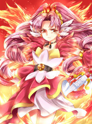 Rule 34 | 1girl, akagi towa, belt, choker, cure scarlet, curly hair, detached sleeves, earrings, fiery background, fire, go! princess precure, highres, instrument, jewelry, long hair, looking at viewer, magical girl, mihara youzora, parted bangs, pink hair, pointy ears, precure, red eyes, serious, skirt, solo, tiara, violin