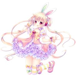 Rule 34 | 1girl, animal ears, apple, artist request, blonde hair, bow, character request, copyright request, dress, food, frilled dress, frills, fruit, full body, hair ornament, highres, long hair, looking at viewer, mary janes, non-web source, rabbit ears, red eyes, shoes, socks, source request, transparent background, twintails, white background