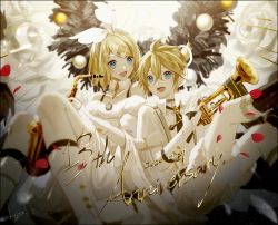 Rule 34 | 1boy, 1girl, anniversary, backlighting, black neckwear, blonde hair, boots, bow, commentary, dated, dress, fortissimo, fur-trimmed collar, fur-trimmed dress, fur trim, hair bow, hair ornament, hairclip, highres, holding, holding instrument, instrument, kagamine len, kagamine rin, knee boots, liita (dusk snow), looking at viewer, musical note, musical note hair ornament, necktie, off-shoulder dress, off shoulder, open mouth, orb, petals, quarter note, saxophone, shawl, shirt, short hair, short ponytail, shorts, signature, smile, spiked hair, swept bangs, trumpet, vocaloid, white bow, white dress, white footwear, white shawl, white shirt, white shorts, white uniform, wings, wreath