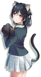 Rule 34 | 1girl, absurdres, animal ear fluff, animal ears, animal hands, black gloves, black hair, black jacket, blush, cat ears, cat girl, cat tail, collar, cowboy shot, fang, fang out, from side, fuyuu310, gloves, green collar, hair ribbon, highres, jacket, long sleeves, looking at viewer, love live!, love live! school idol festival all stars, medium hair, mifune shioriko, miniskirt, neck ribbon, nijigasaki academy school uniform, paw gloves, plaid, plaid skirt, pleated skirt, red eyes, ribbon, school uniform, simple background, skirt, solo, standing, tail, white background, white skirt, yellow ribbon