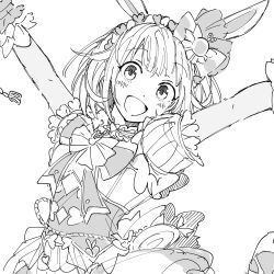 Rule 34 | 1girl, :d, animal ears, arms up, blush, bow, bowtie, choker, dress, frilled choker, frills, greyscale, hair bow, hair flaps, highres, hoshi-toge, monochrome, ootori emu, open mouth, project sekai, puffy short sleeves, puffy sleeves, rabbit ears, short hair, short sleeves, sidelocks, simple background, smile, solo, wonder magical showtime! (project sekai), wrist cuffs