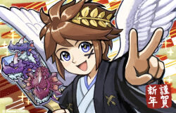 Rule 34 | 1boy, angel, angel wings, blue eyes, brown hair, chinese zodiac, facepaint, hagoita, hakama, happy new year, hewdraw, highres, horns, japanese clothes, kid icarus, kid icarus uprising, laurel crown, male focus, new year, nintendo, open mouth, paddle, pit (kid icarus), smile, sparkle, suruga kanade, v, wings, year of the dragon
