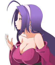 Rule 34 | 1girl, ahoge, bare shoulders, breasts, cleavage, earrings, hairband, idolmaster, idolmaster (classic), issei, jewelry, large breasts, long hair, miura azusa, open mouth, pink eyes, profile, purple hair, solo