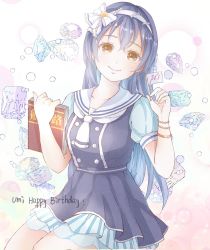 Rule 34 | 1girl, artist request, blue dress, blue hair, blush, book, character name, collar, dress, female focus, giselle (artist), hair between eyes, hair ribbon, hairband, head tilt, highres, holding, holding book, jewelry, looking at viewer, love live!, love live! school idol festival, love live! school idol project, mini flag, ribbon, sitting, smile, solo, sonoda umi, tie clip, yellow eyes