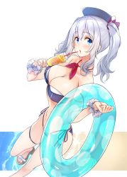 Rule 34 | 10s, 1girl, amami amayu, beret, bikini, blue bikini, blue eyes, blush, breasts, cleavage, cup, drink, drinking glass, drinking straw, hair between eyes, hat, innertube, kantai collection, kashima (kancolle), kerchief, large breasts, open mouth, sandals, short hair, side-tie bikini bottom, silver hair, solo, swim ring, swimsuit, two side up, wrist cuffs