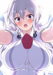 Rule 34 | 1girl, amasora taichi, blush, breasts, commentary request, foreshortening, from below, hair between eyes, highres, jewelry, large breasts, light purple hair, long hair, looking at viewer, low twintails, lydian academy school uniform, open mouth, pendant, purple eyes, purple hair, school uniform, scrunchie, senki zesshou symphogear, solo, twintails, yukine chris