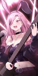 Rule 34 | 1girl, absurdres, animal ears, black choker, black hair, black nails, black shorts, black tube top, breasts, choker, cleavage, fake animal ears, guitar, hair over one eye, highres, holding, holding guitar, holding instrument, holding plectrum, hololive, hololive english, instrument, jewelry, large breasts, looking at viewer, mori calliope, mori calliope (9th costume), multicolored hair, nail polish, navel, necklace, nyu-tan94, official alternate costume, open mouth, pink hair, plectrum, red eyes, shorts, skull necklace, solo, strapless, streaked hair, tube top, virtual youtuber