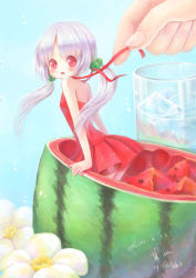 Rule 34 | 1girl, :o, dress, flower, food, fruit, fruit cup, glass, hair bobbles, hair ornament, halterneck, ice, ice cube, in food, long hair, mini person, minigirl, neck ribbon, original, red dress, red eyes, ribbon, sanmi tenten, solo focus, twintails, untying, water, watermelon