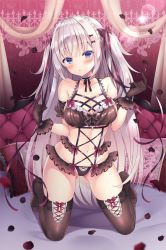 Rule 34 | 1girl, armband, bed, bedroom, black bra, black gloves, black panties, black thighhighs, blue eyes, blush, bow, bow bra, bow legwear, bow panties, bra, braid, breasts, canopy bed, choker, cleavage, collarbone, french braid, gloves, hair bow, hair ribbon, kneeling, lingerie, long hair, looking at viewer, medium breasts, open mouth, panties, petals, pillow, ribbon, silver hair, thighhighs, twintails, underwear