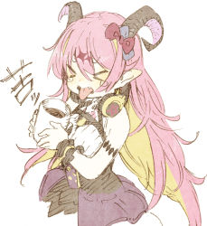 Rule 34 | &gt; &lt;, 1girl, abara heiki, asymmetrical horns, blonde hair, breasts, chest harness, coffee, commentary, cowboy shot, cup, demon horns, dress, fang, hair between eyes, hair ornament, hair ribbon, harness, headphones, headphones around neck, holding, holding cup, hololive, horns, long hair, mano aloe, medium breasts, multicolored hair, open mouth, pink hair, pointy ears, ribbon, simple background, solo, streaked hair, tears, tongue, tongue out, traditional media, translated, two-tone hair, uneven horns, virtual youtuber, white background, wrist cuffs