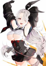 Rule 34 | 1girl, animal ears, artist name, azur lane, black necktie, black skirt, blush, braid, braided ponytail, breasts, fake animal ears, feet out of frame, hands up, highres, hoerutarou, holster, large breasts, long hair, looking at viewer, mole, mole under eye, necktie, one eye closed, open mouth, prinz heinrich (azur lane), red eyes, silver hair, skirt, solo, standing, tank top, underboob, white background, white tank top