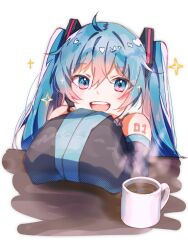 Rule 34 | 1girl, :d, aqua eyes, aqua hair, bare shoulders, black sleeves, commentary, cup, detached sleeves, hatsune miku, headphones, highres, long hair, looking at viewer, mug, natsusankinka07, open mouth, shirt, shoulder tattoo, simple background, sleeveless, sleeveless shirt, smile, solo, sparkle, steam, tattoo, twintails, upper body, very long hair, vocaloid, white background
