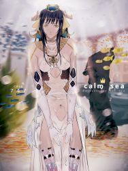 Rule 34 | 1girl, arch, bad id, bad pixiv id, black hair, breasts, choker, collarbone, elbow gloves, gloves, horns, looking at viewer, original, rock, see-through, slit pupils, small breasts, solo, tazuma (u283), thighhighs, underwater, yellow eyes
