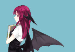 Rule 34 | 1girl, absurdres, bat wings, blue background, book, hugging book, braid, dress shirt, eyelashes, hair ribbon, head wings, highres, holding, holding book, hugging object, koakuma, light smile, long hair, looking at viewer, looking back, low wings, nagata nagato, red eyes, red hair, ribbon, shirt, short sleeves, simple background, skirt, skirt set, solo, touhou, tress ribbon, vest, white shirt, wings