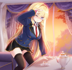 Rule 34 | 1girl, arm support, arm up, armchair, bad id, bad pixiv id, black panties, black thighhighs, blazer, blonde hair, blue eyes, blue jacket, blush, breasts, bridal gauntlets, chair, collared shirt, commentary request, copyright request, cup, curtains, feet out of frame, hair between eyes, hair intakes, hand on own head, highres, jacket, long hair, long sleeves, medium breasts, mvv, necktie, nose blush, one eye closed, panties, parted lips, red necktie, saucer, school uniform, shirt, solo, sweat, table, teacup, teapot, thighhighs, underwear, very long hair, white shirt, window