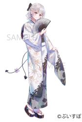 1girl artist_request asumi_sena bow closed_mouth floral_print full_body grey_hair hair_bow hand_fan highres holding holding_fan japanese_clothes kimono long_sleeves looking_at_viewer multicolored_hair official_art okobo pink_hair sample_watermark sandals short_hair simple_background smile socks solo standing streaked_hair tabi tail virtual_youtuber vspo! watermark white_background white_kimono white_socks wide_sleeves