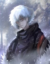 Rule 34 | 1boy, bad id, bad pixiv id, black jacket, cold, earrings, fate/grand order, fate (series), fur trim, hair between eyes, jacket, jewelry, kadoc zemlupus, male focus, orange eyes, otsumami (bu-bu-heaven), outdoors, parted lips, silhouette, snow, snowing, solo, stitches, upper body, white hair, winter clothes
