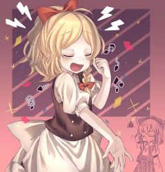 Rule 34 | &gt;:/, 2girls, :/, :d, alternate hairstyle, annoyed, apron, ascot, bad id, bad singing, bad twitter id, beamed quavers, blonde hair, blush, bow, braid, closed eyes, commentary, dancing, detached sleeves, hair bow, hair tubes, hakurei reimu, happy, iiha toobu, kirisame marisa, large bow, lightning bolt symbol, long hair, multiple girls, music, musical note, open mouth, ponytail, quaver, short hair with long locks, side ponytail, singing, single braid, smile, solo focus, squiggle, sweat, touhou, treble clef, v-shaped eyebrows, vest, waist apron