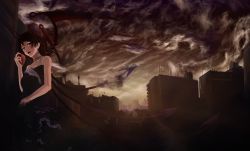 Rule 34 | 1girl, akai kitsune, alternate costume, asymmetrical wings, bad id, bad pixiv id, black hair, building, city, cityscape, cloud, contemporary, dark, dress, female focus, highres, holding, houjuu nue, jewelry, necklace, open mouth, red eyes, short hair, sky, smoke, solo, touhou, wings